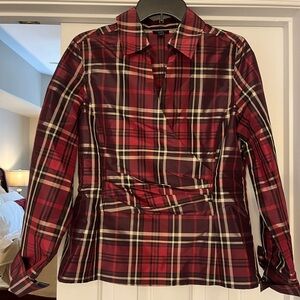 EUC Talbots Burgundy Plaid 100% silk taffeta wrap top with side zipper